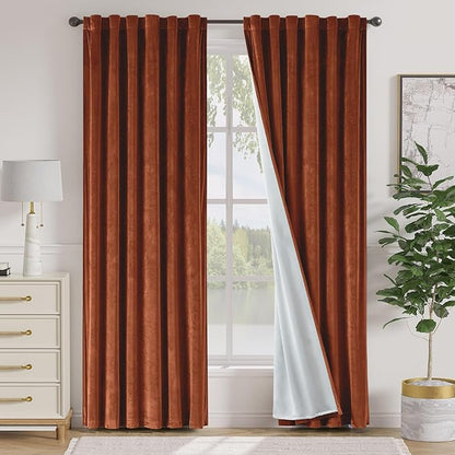 Lazzzy Burnt Orange Blackout Velvet Curtains 84 Inch Long Thermal Insulated Room Darkening Curtain Drapes Luxury Back Tab Window Treatments for Bedroom Living Room 2 Panels, 52 x 84 Inch, Caramel