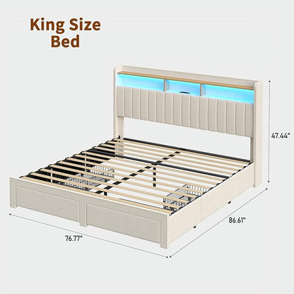 King Size Bed Frame with LED Light and Charging Station, Upholstered Bed Frame with 4 Drawers and 2-Tier Storage Headboard, Easy Assembly, Wooden Slats Support, No Box Spring Needed