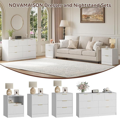 7 Drawer Dresser & Nightstand Set 3-Piece, 55” Wide Bedroom Dresser Set Night Stand Set of 2 with Metal Handle, Fluted Modern Wood Chest of Drawers Storage Dressers Set for Bedroom, White