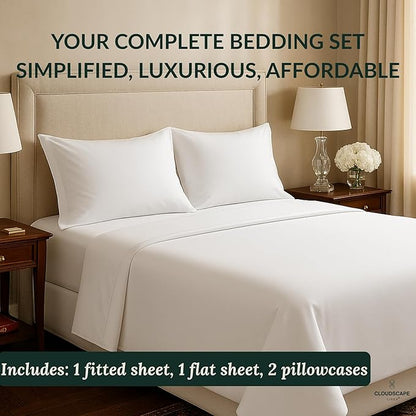 Cloud Scape Linen 100% Egyptian Cotton Sheets for Queen Size Bed, 400 Thread Count, 4 Pieces Bedding Set, Hotel Quality, Silky Soft, Deep Pockets up to 17”, White