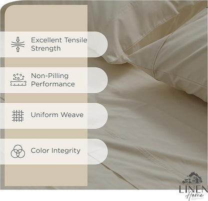 Linen Home 100% Cotton Percale Sheets Full Size, Light Taupe, Deep Pocket, 4 Pieces Set - 1 Flat, 1 Deep Pocket Fitted Sheet and 2 Pillowcases, Crisp Cool and Strong Bed Linen