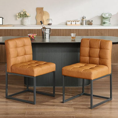 Brown Faux Leather Dining Chairs Set of 4, Mid-Century Modern Dining Room Chairs with Armless, Checkered Kitchen Chair with Metal Legs