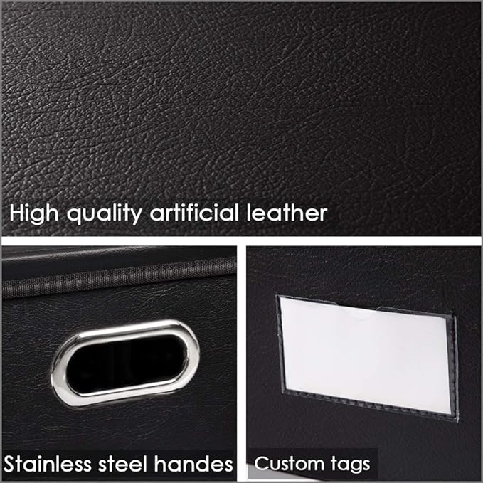 PRANDOM Large Foldable Storage Bins with Lids [3-Pack] Leather Fabric Collapsible Storage Boxes Organizer Containers Baskets Cube with Cover for Home Bedroom Closet Office Black(17.7x11.8x11.8)