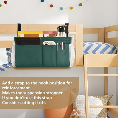 KOPIRIT Navy Cyan Bedside Caddy Storage Bag Bedside Organizer for Dorm Room Top Bunk Bed Organizer Caddy Hanging Shelf 6 Pockets with Hooks for Glasses Book Tablet Holder