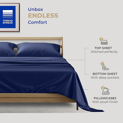 THREAD SPREAD Cotton Full Size Sheet Sets - 100% Egyptian 400 Thread Count 4 Piece 100% Cotton Bed Sheets, 16” Deep Pocket Ful Sheets Cotton, Soft, Cooling Full Sheet, Luxury Hotel Sheets (Navy Blue)