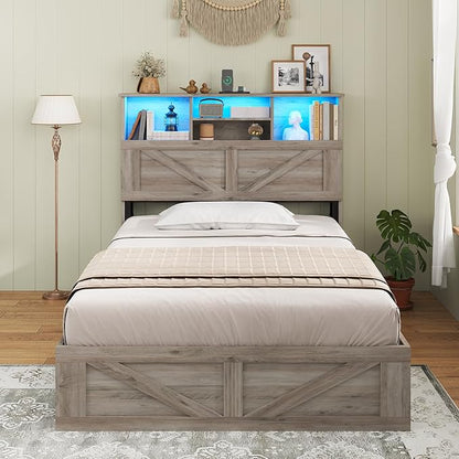 AOGLLATI Twin Bed Frame with 4 Storage Drawers and Charging Station, Farmhouse Wooden Led Twin Bed with Storage Hidden Space Headboard and Metal Slats, Gray