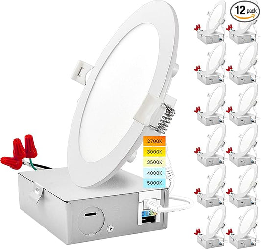 LUXRITE 12 Pack 6 Inch Ultra Thin LED Recessed Light with J-Box, 12W, Color Temperature Selectable 2700K | 3000K | 3500K | 4000K | 5000K, Dimmable Wafer Light, 1000 Lumens, Energy Star, IC Rated
