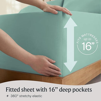 LuxClub 4 PC King Sheet Set, Deep Pockets Wrinkle Free Cooling Bed Sheets Hotel Bedding for Women, Men, Includes 1 Fitted Sheet, 1 Flat Sheet and 2 Pillowcases-Soft Light Teal