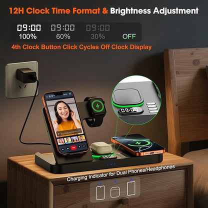 Dual Phone Magnetic Wireless Charging Station for Apple Devices/Apple Ecosystem,with Auto-Switch 7-Color Light & Clock, Compatible with iPhone 17/16/15, for iWatch 11/10/9 & AirPods Pro3（Black