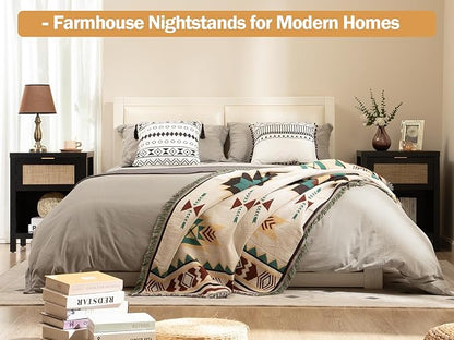SICOTAS Rattan Nightstand, Farmhouse Night Stands with Drawer, Boho End Side Table for Bedroom, Small Space, Black Oak