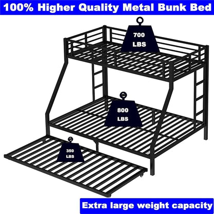 Upgraded Version Thicken Heavy Duty Metal Twin XL Over Queen Bunk Bed with Twin Size Trundle, Modern Style Stronger Twin Over Queen Bunk Bed Frame for Adults, Easy Assembly (Twin XL/Queen)