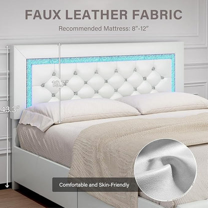 BarnFurin Twin Bed Frames with Storage Drawers and LED Lights, Upholstered Bed with Crystal Tufted Headboard, Princess Platform Bed with Wooden Slats Support, No Box Spring Needed, White