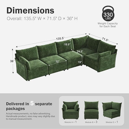 ABCASA 135.5" Oversized Modular Sectional Sofa, L Shaped Convertible Couch with Movable Ottoman, 5 Seat Corner Couches for Living Room Deep Seat Green Chenille