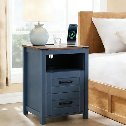 Puntogen Blue Night Stand Set of 2, Rustic End Table with Charging Station, Farmhouse Tall Nightstand for Bedroom, Drawer Dresser Bedside Table with Open Storage Shelf