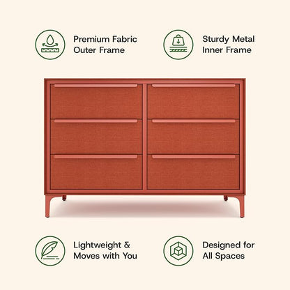 Naima Premium Fabric Dresser - Strong Metal Frame, 6 Spacious Sag-Proof Drawers with Sleek Metal Handles - Premium & Durable Storage Solution for Your Home (Orange)