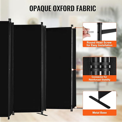 VEVOR Room Divider, 6 Panel Room Divider, Folding Privacy Screen and Portable Partition Divider for Room Separation, Freestanding Room Partitions for Office, Bedroom, Study, Black