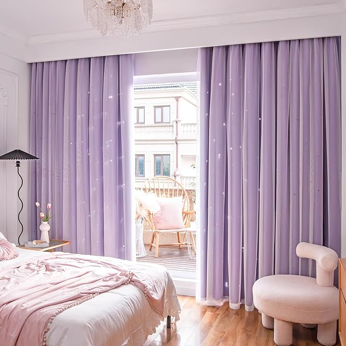 Stars Double Layer Blackout Curtains for Bedroom Kids - Cute Purple Curtains, 2 Panels Set, 52 X 72 Inches