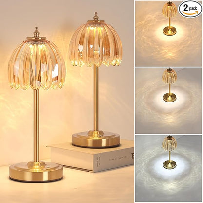 Set of 2 Tulip Table Lamp with 5000mAh Battery & Touch Control, Cordless Small Table Lamp with 3 Colors, Dimmable Rechargeable Table Lamps for Bedroom, Desk, Bedside (Amber Tulip)
