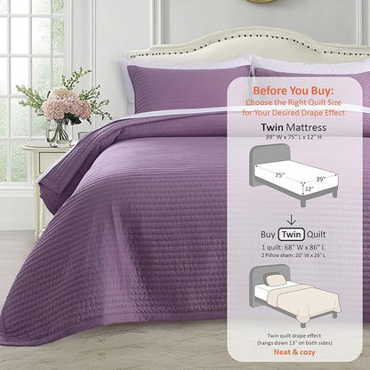 KASENTEX Twin Quilt Set 68"x86" – Soft Washed 3-Layer Lightweight Bedspread, Minimalist Nordic Design, All-Season Spring & Summer Quilt Set (1 Quilt + 2 Pillow Shams),Grape Jam Purple