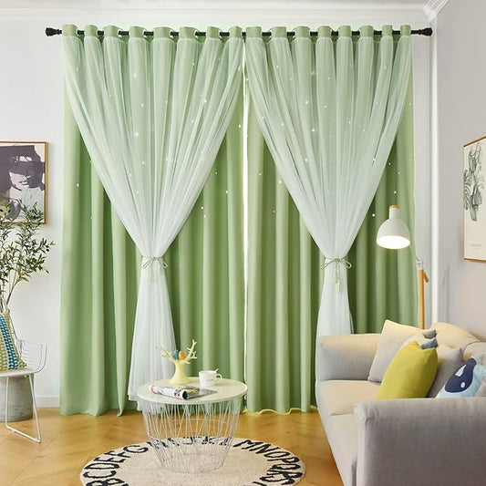 Star Double Layer Blackout Curtains for Bedroom, Kids - Cute, 108 Inches Long, 2 Panels Set, Green, 42 X 108 Inches