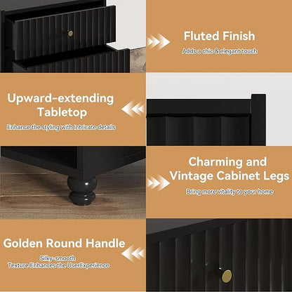Modern Nightstand, Fluted End Table with 2 Drawers, Nightstand with Open Shelf for Bedroom (2, Black)