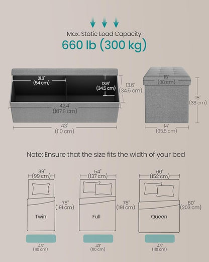 SONGMICS MAZIE Collection - 43 Inches Folding Storage Ottoman Bench, Ottoman Foot Rest, End of Bed Bench, Storage Chest, Load 660 lb, for Living Room, Bedroom, Entryway, Light Gray ULSF77G