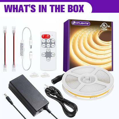 HitLights COB LED Strip Lights Kit Warm White with Remote & 24V Power Supply,16.4ft Dimmable Tape Light 3000K, 2560LEDs, 350+LM/FT, UL Listed, Flexible Rope Lights for Bedroom Kitchen Cabinet Lighting