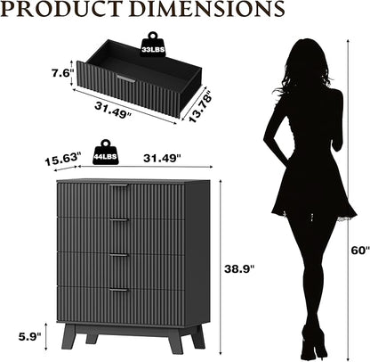 39" Tall Dresser for Bedroom, 4-Drawer Fluted Chest of Drawers, Modern Wood Highboy with Deep Storage, Metal Slides & Handles, Anti-Tip Kit, Vertical Clothes Organizer for Apartment, Nursery