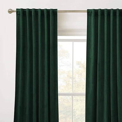 RYB HOME Living Room Curtains, Vintage Velvet Drapes Soft Durable Texture Room Darkening Window Treatment Decorative Backdrop Thermal Curtains for Bedrooom, Hunter Green, W52 x L108 inch, 2 Panel
