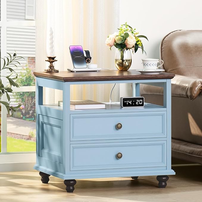 Farmhouse Nightstand Set of 2 with Charging Station, 24" Wide End Table with 2 Drawers, Dresser Cabinet for Bedroom,Bed Side Table Chest of Drawers,Light Blue Night Stand for Living Room