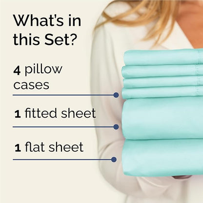 Full 6 Piece Sheet Set - Cooling, Comfy & Breathable - Hotel Luxury Bedding, Includes Fitted Sheet for Women, Men, Kids and Teens - 1 Flat, 1 Fitted Sheet, 4 Pillowcases with Deep Pockets - Spa Blue