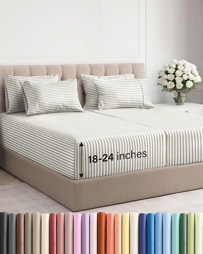 Extra Deep Split King Sheet Set - 7 Piece Breathable & Cooling Sheets - Hotel Luxury Bed Sheets Set - Easy Fit - Soft, Wrinkle Free & Comfy Sheets Set - Beige Striped Sheet Set w/Extra Deep Pockets