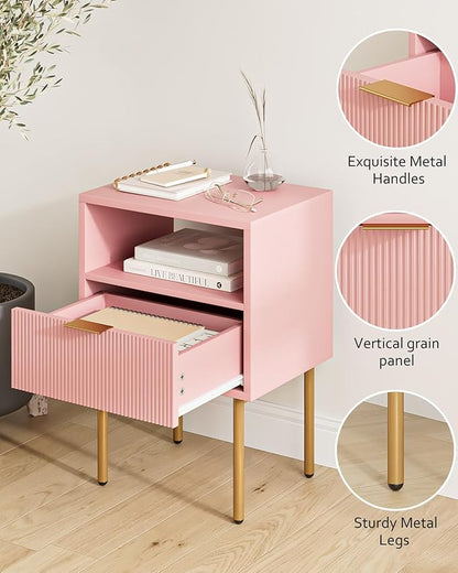 Masupu Night Stand,Mid-Century Modern Bedside Table with Storage Drawer and Open Wood Shelf,Small Gold Frame Side Table for Bedroom,Living Room, Pink