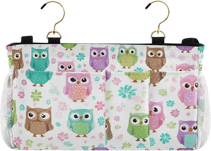 Bedside Caddy Hanging Bunk Bed Caddy Bed Organizer Hanging Pocket with 2 Hooks Bedside Storage Organizer Pocket Bag Holder Colorful Owls and Flowers