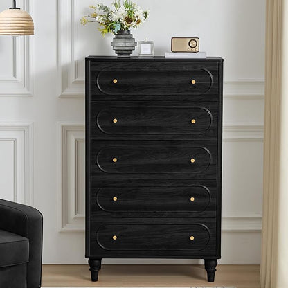 ORRD 5 Drawer Fluted Dresser for Bedroom, Mid Century Modern Chest of Drawers, Wood Storage Large Dresser Organizer for Bedroom Living Room Hallway Closet, Black