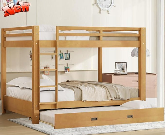 Upgraded Version Thicken Solid Wood Queen Over Queen Bunk Bed with Twin XL Size Trundle, Best Wooden Bunk Bed for Adults, Easy to Assemble (Wood Color with Trundle)