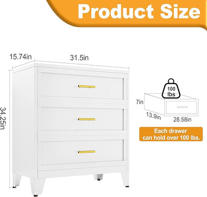 Metal Dresser, White Small Dresser for Bedroom, 34.25" H Dressers & Chests of Drawers, 3 Drawer Dressers for Living Room, Entryway, Hallyway (White, 3 Drawers)
