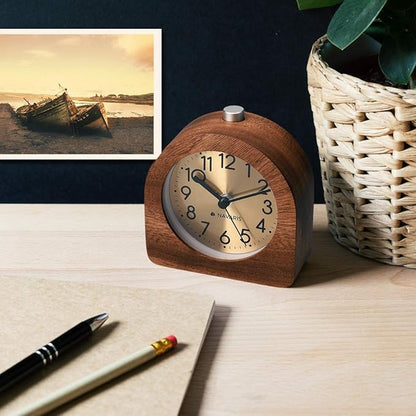 Navaris Wood Analog Alarm Clock - Half-Round Gold Face Battery-Operated Non-Ticking Clock with Snooze Button and Light - Dark Brown