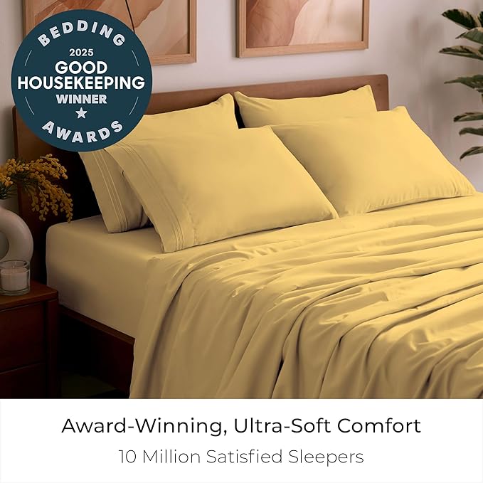 Mellanni Split King Sheet Set - 7-Piece Iconic Collection Bedding, (Including 4 Pillowcases), 16-Inch Deep Pocket, Easy Care, Extra Soft, Cooling Sheets, Brushed Microfiber - Yellow