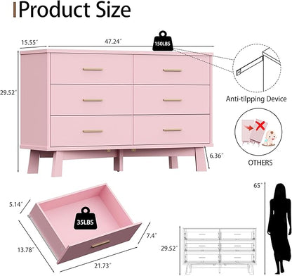Dresser for Bedroom, 6 Drawer Wide Modern Chest of Drawers with X-Shaped Sturdy Base, Wood Double Dresser Closet Clothes Storage Organizer, Wooden TV Stand for Living Room, Hallway, Pink