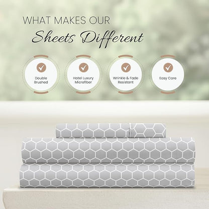 Linen Market Double-Brushed Patterned Microfiber Twin Sheet Set 3 Piece – Oeko-TEX Certified Ultra Soft & Wrinkle-Free - 16" Deep Pocket Sheets - Easy Care Twin Size - Honeycomb Light Gray