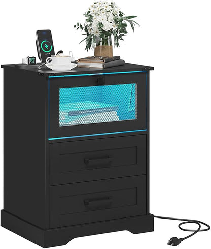 Hasuit Night Stand with Charging Station and LED Lights, Farmhouse Nightstand with 2 Drawers, Black Bedside Table for Bedroom