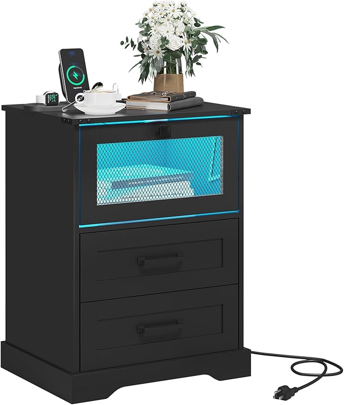 Hasuit Night Stand Set of 2 with Charging Station and LED Lights, Farmhouse Nightstand with 2 Drawers and Cubby with Wire Mesh Door, Black Bedside Table for Bedroom