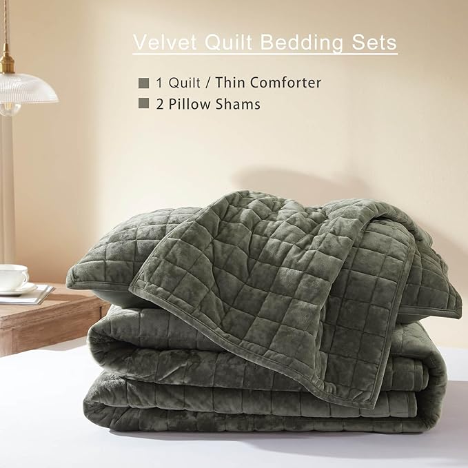 LEAONME Velvet Quilt Oversized California King-120''x120'', Lightweight Olive Green Velvet Comforter Set with 2 Pillow Shams, Oversized Bedspread Coverlet Quilted Bedding Set for All Season