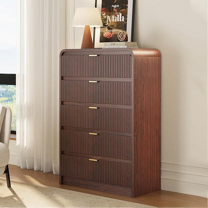 FURSUN Fluted 5 Drawers Dresser for Bedroom, 48" Tall Wooden Modern Dresser with Metal Handle, Curved Profile Design, Storage Organizer for Bedroom, Living Room, Hallway, Dark Walnut