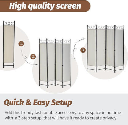FDW 4 Panel Room Divider and Folding Portable Partition Screen, 6FT Wall Divider Screen for Dorm Bedroom Office, Cream