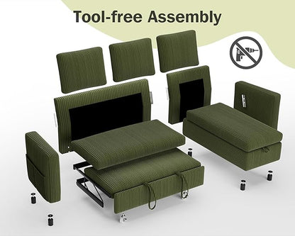 Vipbear 80" Sectional Sleeper Sofa Bed with Pull Out Bed, L Shaped Couch Pull Out Couch with Reclining Backrest, Reversible Storage Chaise, USB Ports, Tool-Free Assembly, Corduroy Olive Green