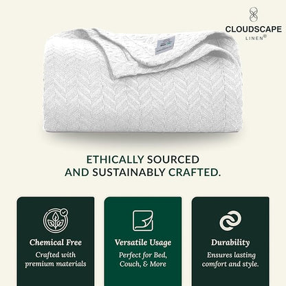 Cloud Scape Linen 100% Cotton Throw Blanket 50x70 White, Luxury All-Season Warmth, Ultra Soft, Oversized Herringbone Gauze Blanket for Winter, Bed, Couch & Sofa Decor, Best Gift Idea
