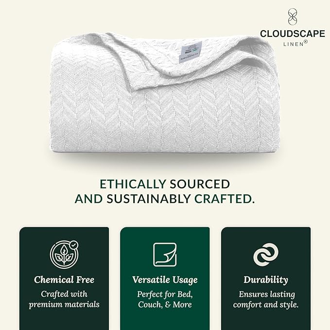 Cloud Scape Linen 100% Cotton Blanket Twin 68x92 White - Cozy Herringbone Weave, Fits Up to Twin XL Size Beds, Breathable Softness, All-Season Warmth, Winter Blanket, Bedding Gift Choice