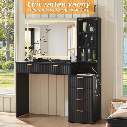 LEYAOYAO Vanity Desk with Mirror and Lights, 43.5'' Fluted Makeup Vanity with 6 Drawers and Adjustable Shelves, Black Wood Make Up Vanity Dressing Table with Glass Top and Power Outlet for Bedroom